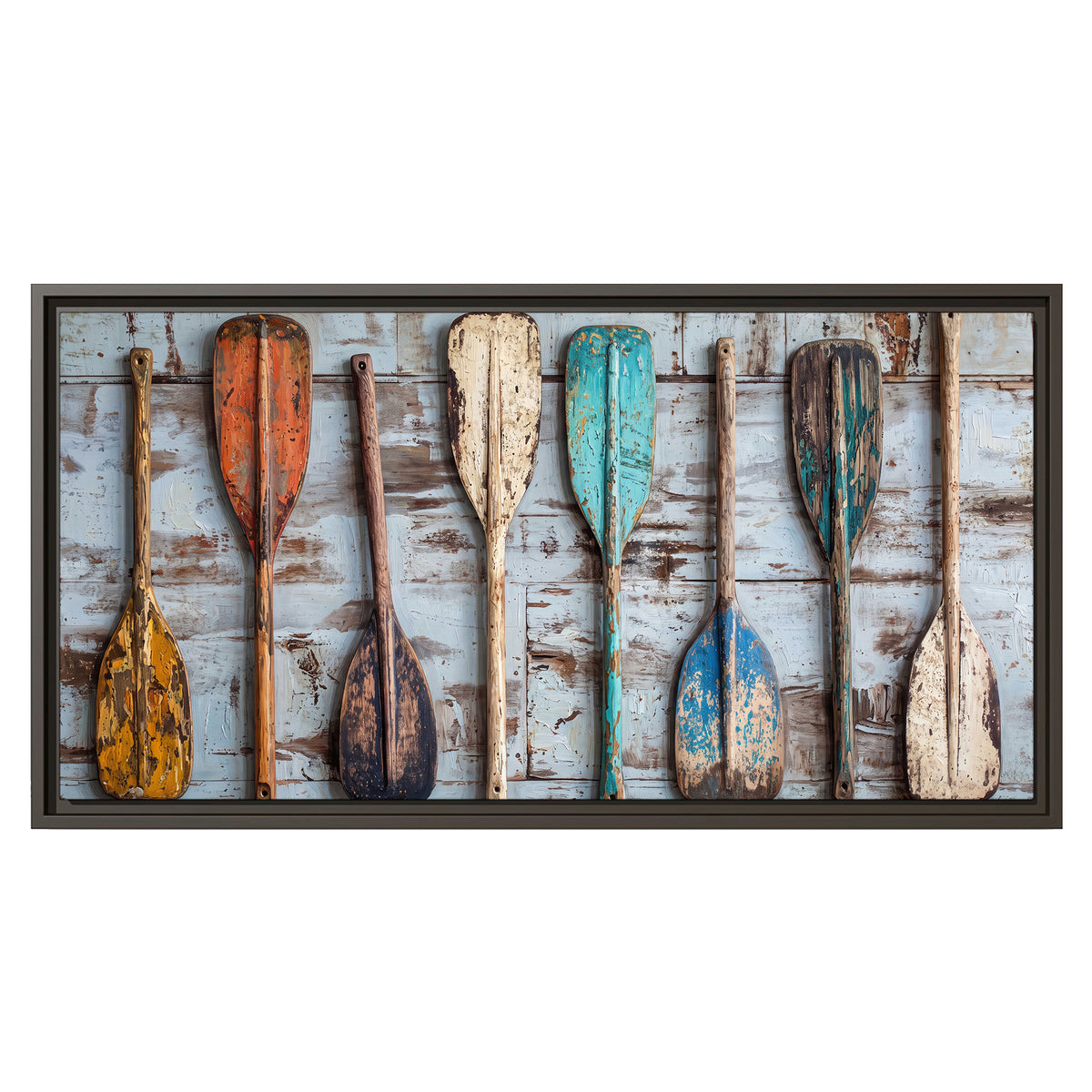 A row of colorful weathered wooden oars against pale blue boards single framed canvas wall art viewed straight on
