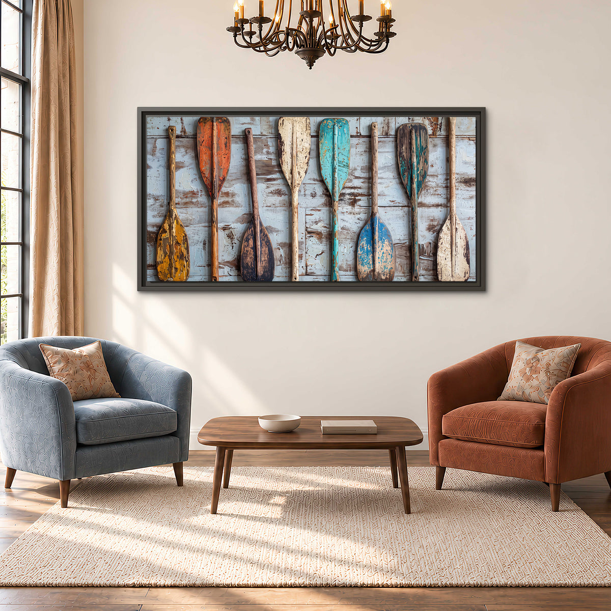 A row of colorful weathered wooden oars against pale blue boards single framed canvas wall art styled in an interior