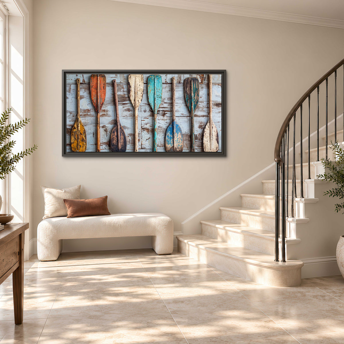 A row of colorful weathered wooden oars against pale blue boards single framed canvas wall art styled in an interior