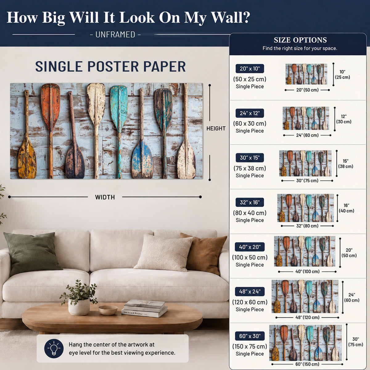A row of colorful weathered wooden oars against pale blue boards single poster print size guide above a sofa; room view is illustrative