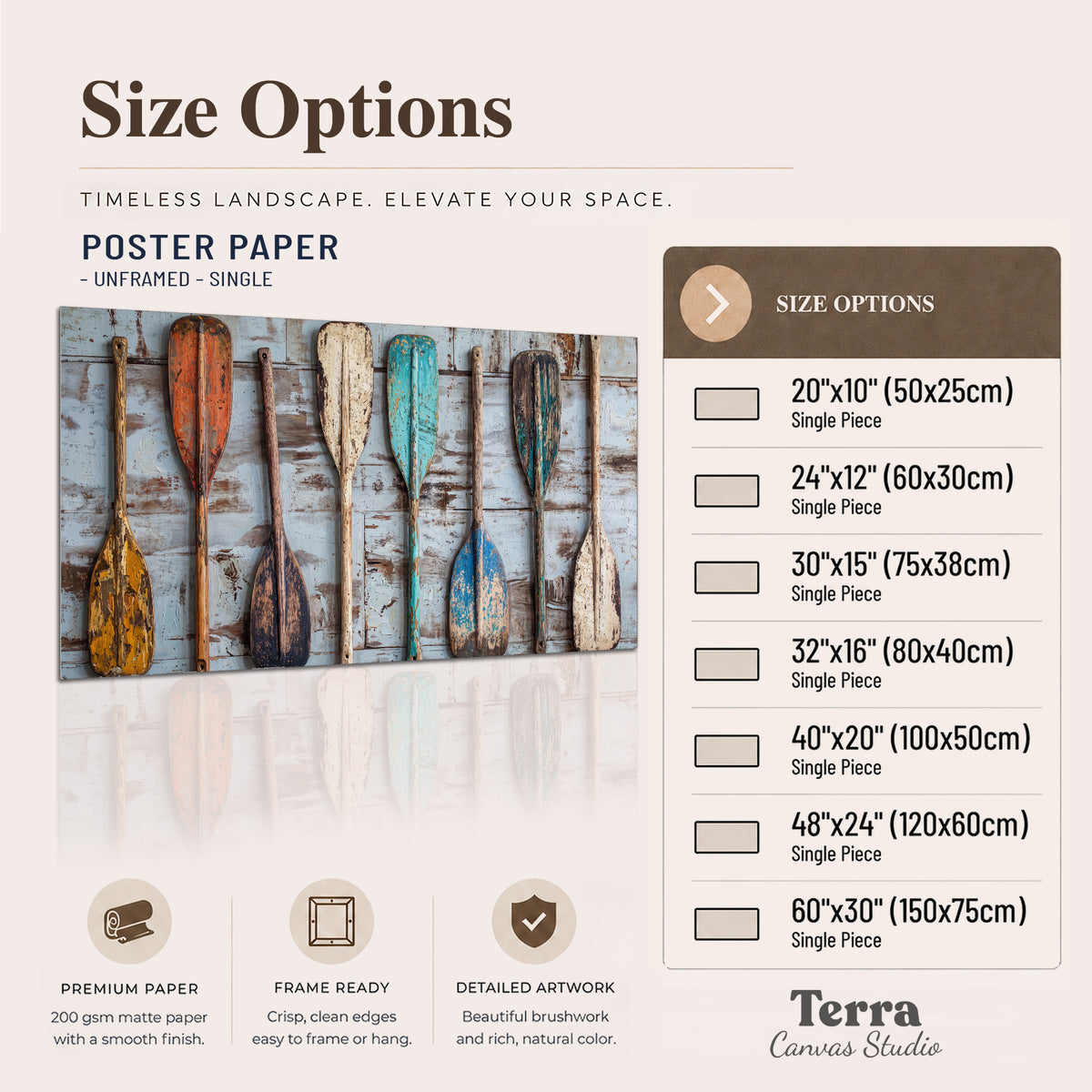 A row of colorful weathered wooden oars against pale blue boards single poster print available dimensions