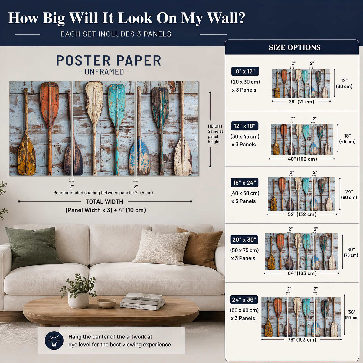 A row of colorful weathered wooden oars against pale blue boards set of 3 poster prints size guide above a sofa; room view is illustrative