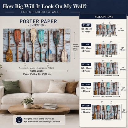 A row of colorful weathered wooden oars against pale blue boards set of 3 poster prints size guide above a sofa; room view is illustrative