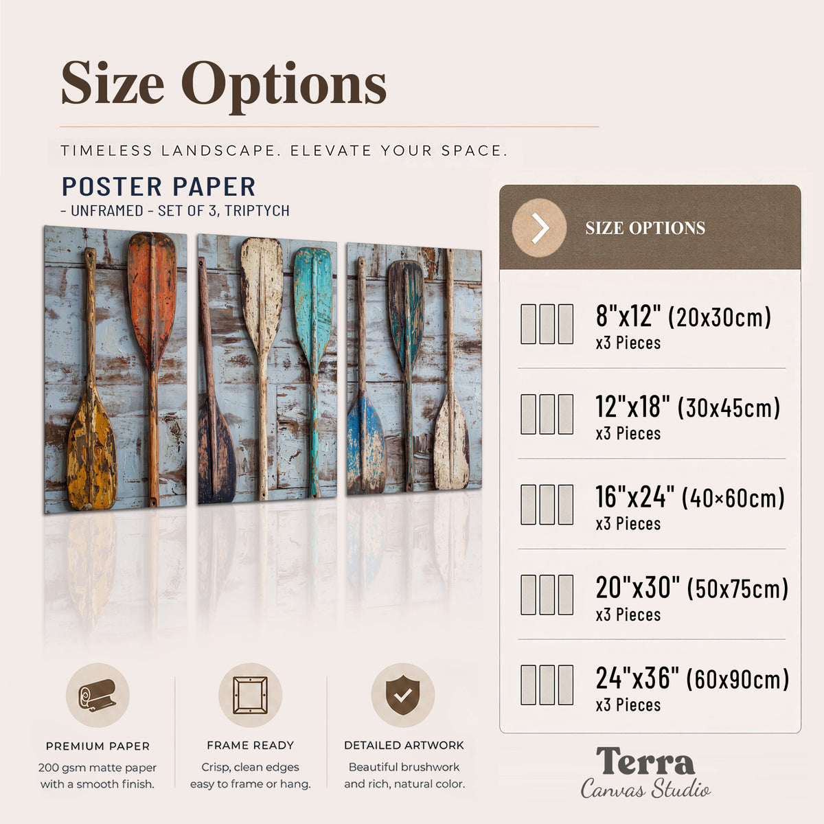 A row of colorful weathered wooden oars against pale blue boards set of 3 poster prints available dimensions; triptych dimensions are per panel
