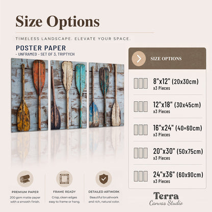 A row of colorful weathered wooden oars against pale blue boards set of 3 poster prints available dimensions; triptych dimensions are per panel