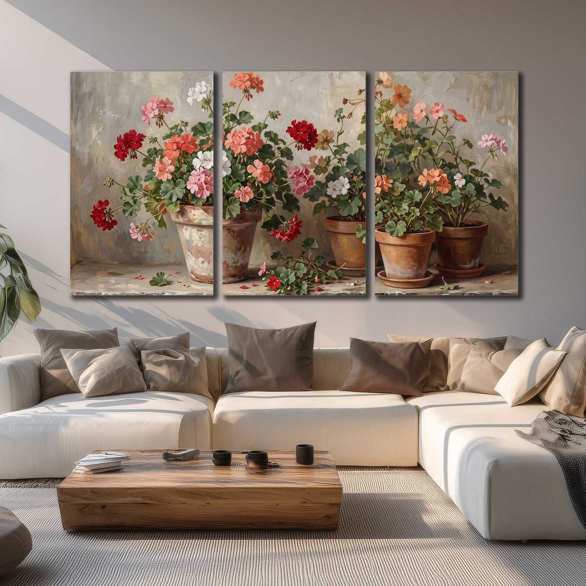 Colorful flowers arranged in rustic pots on a warm neutral background 3 piece canvas wall art displayed in a living room