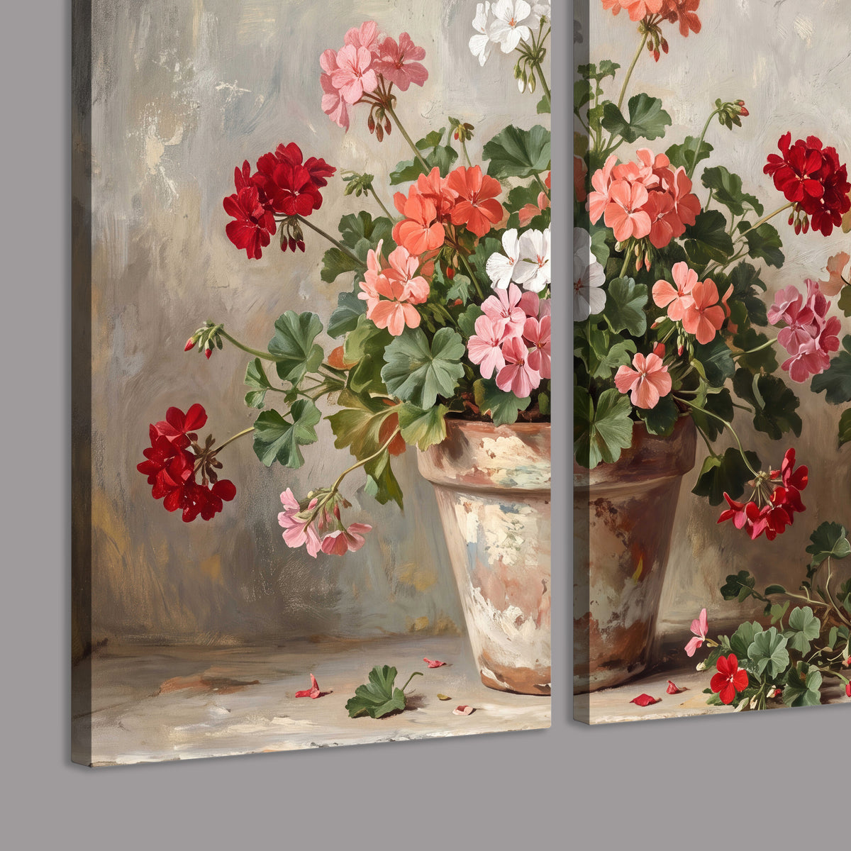 Colorful flowers arranged in rustic pots on a warm neutral background 3 piece canvas wall art room and product view