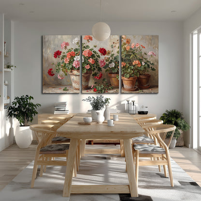 Colorful flowers arranged in rustic pots on a warm neutral background 3 piece canvas wall art room and product view