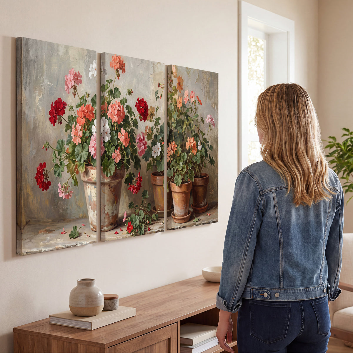 Colorful flowers arranged in rustic pots on a warm neutral background 3 piece canvas wall art three panel arrangement on a wall