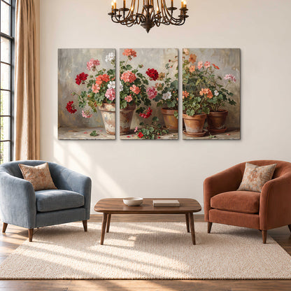 Colorful flowers arranged in rustic pots on a warm neutral background 3 piece canvas wall art styled in an interior