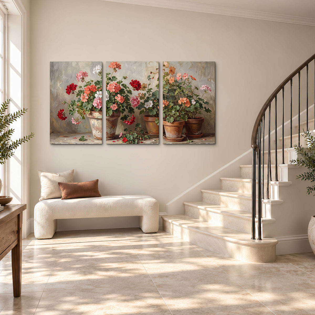 Colorful flowers arranged in rustic pots on a warm neutral background 3 piece canvas wall art styled in an interior