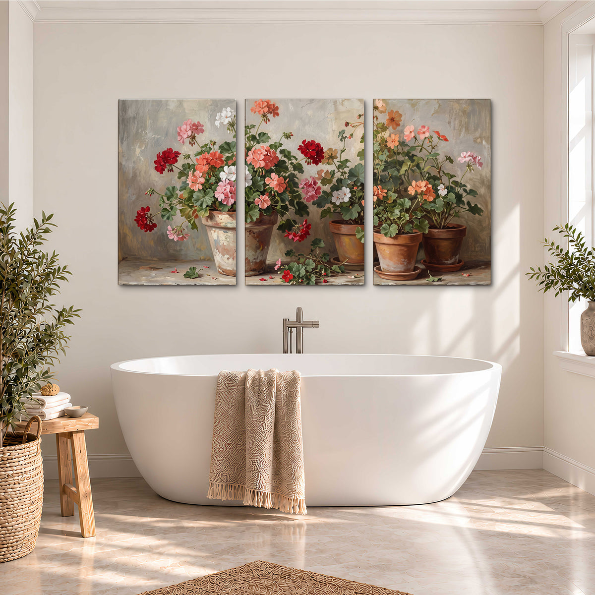 Colorful flowers arranged in rustic pots on a warm neutral background 3 piece canvas wall art styled in an interior