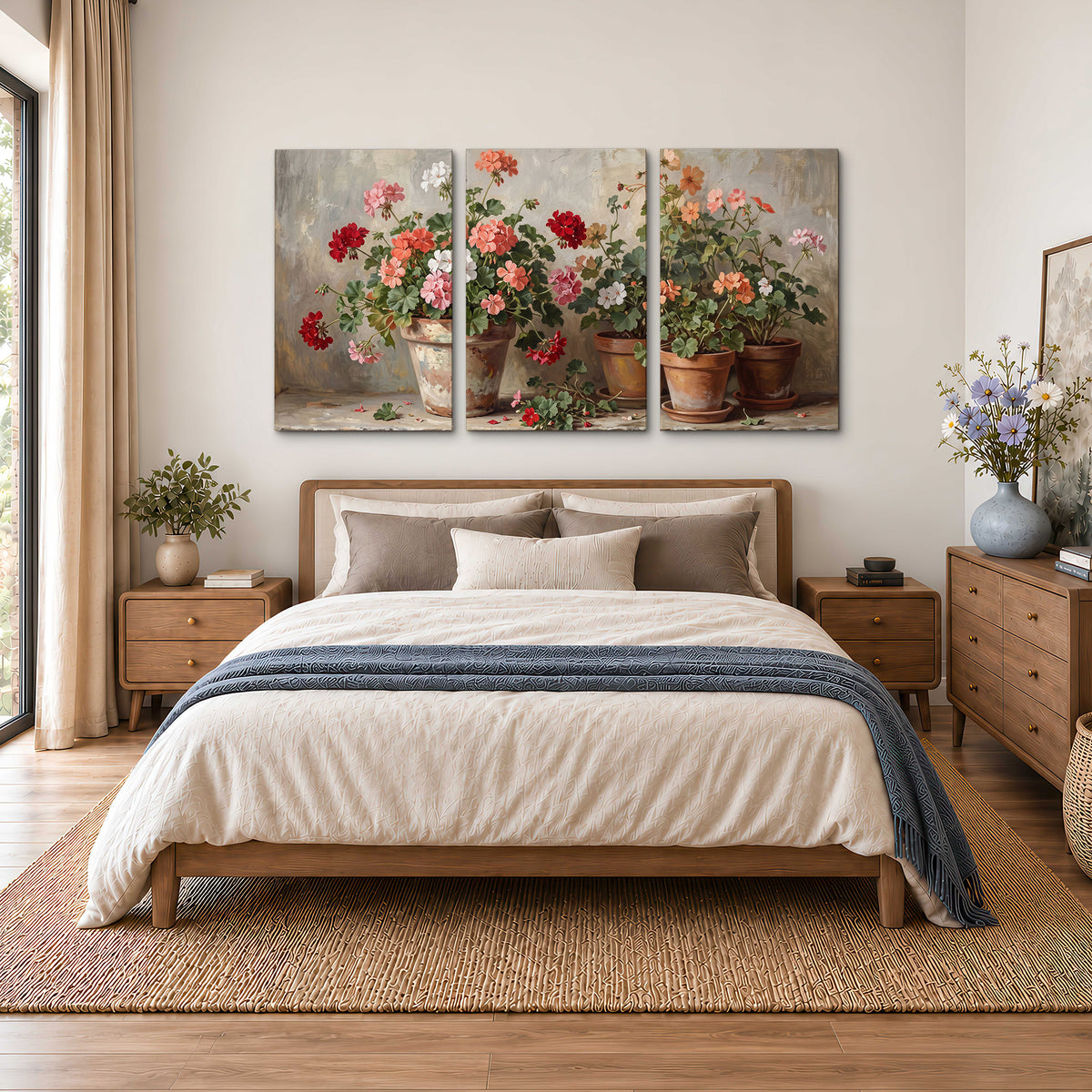 Colorful flowers arranged in rustic pots on a warm neutral background 3 piece canvas wall art styled in an interior
