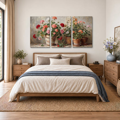 Colorful flowers arranged in rustic pots on a warm neutral background 3 piece canvas wall art styled in an interior