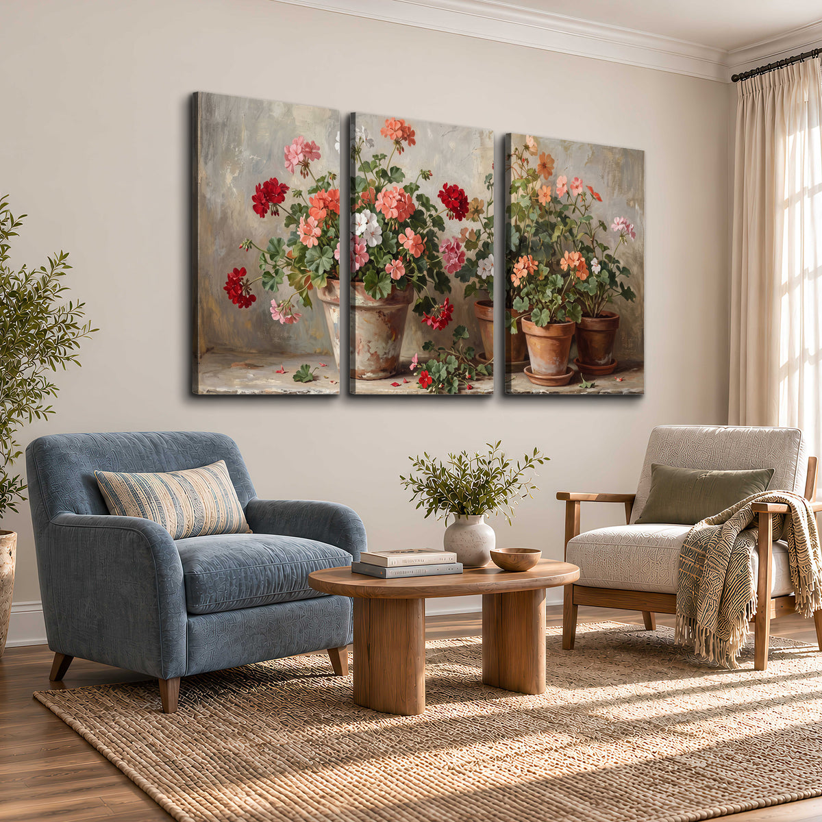 Colorful flowers arranged in rustic pots on a warm neutral background 3 piece canvas wall art styled in an interior