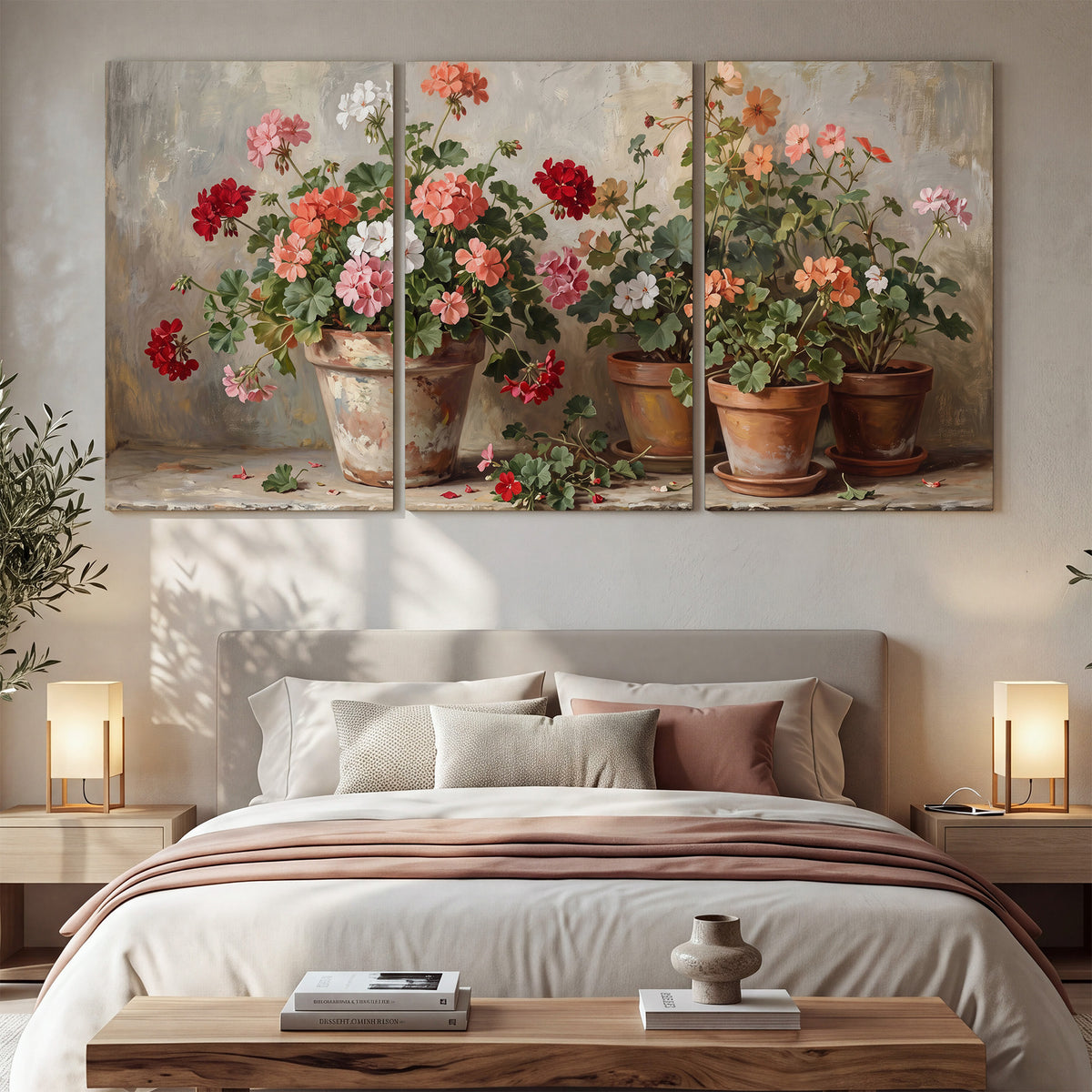 Colorful flowers arranged in rustic pots on a warm neutral background 3 piece canvas wall art displayed in a bedroom