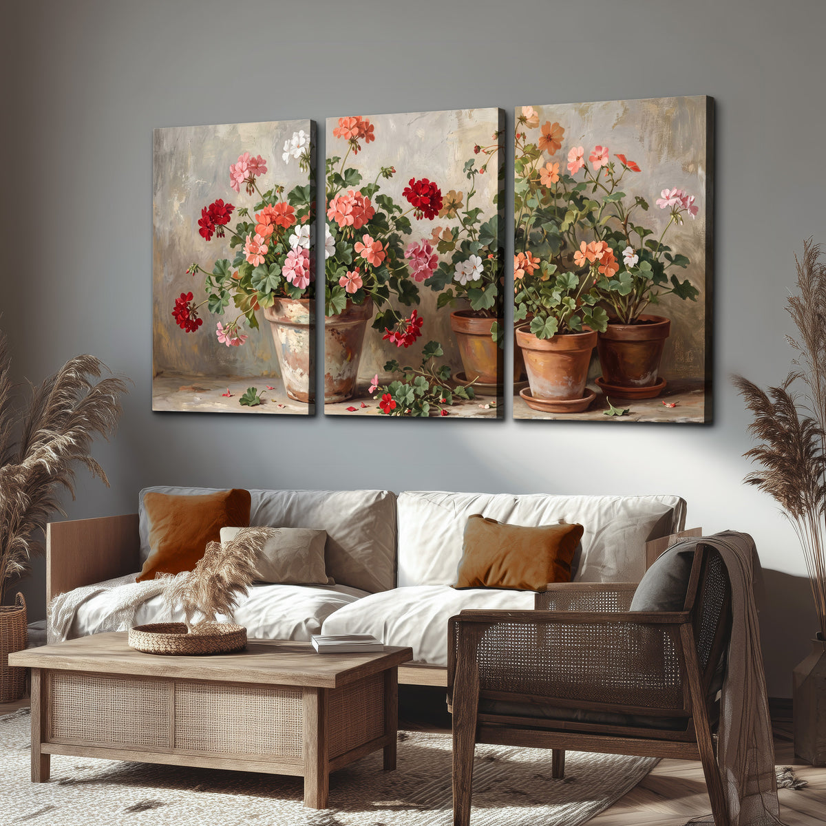 Colorful flowers arranged in rustic pots on a warm neutral background 3 piece canvas wall art displayed in a rustic living room