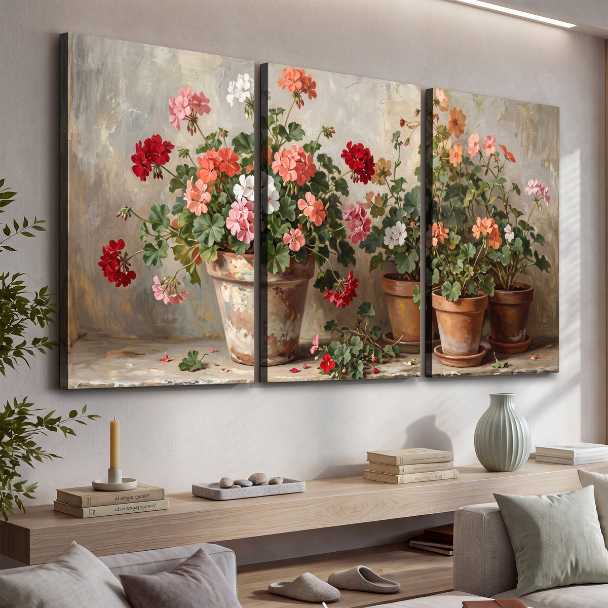 Colorful flowers arranged in rustic pots on a warm neutral background 3 piece canvas wall art displayed in a console