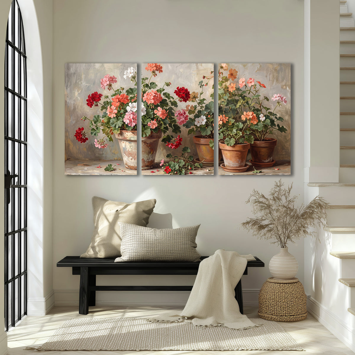 Colorful flowers arranged in rustic pots on a warm neutral background 3 piece canvas wall art displayed in a entryway