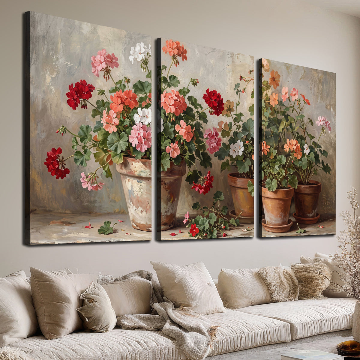 Colorful flowers arranged in rustic pots on a warm neutral background 3 piece canvas wall art room and product view