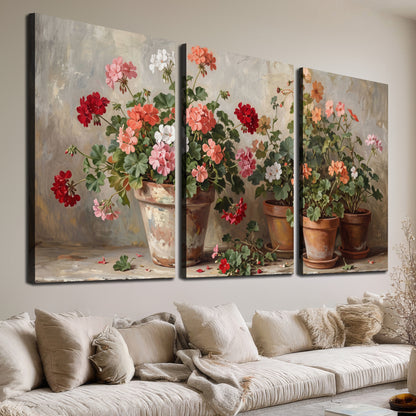 Colorful flowers arranged in rustic pots on a warm neutral background 3 piece canvas wall art room and product view