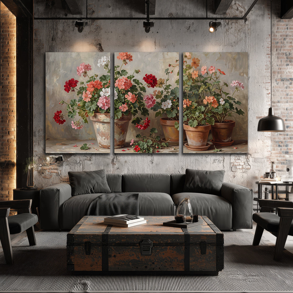 Colorful flowers arranged in rustic pots on a warm neutral background 3 piece canvas wall art displayed in a industrial room