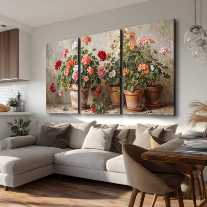 Colorful flowers arranged in rustic pots on a warm neutral background 3 piece canvas wall art room and product view