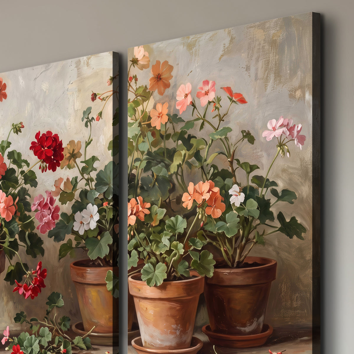 Colorful flowers arranged in rustic pots on a warm neutral background 3 piece canvas wall art room and product view