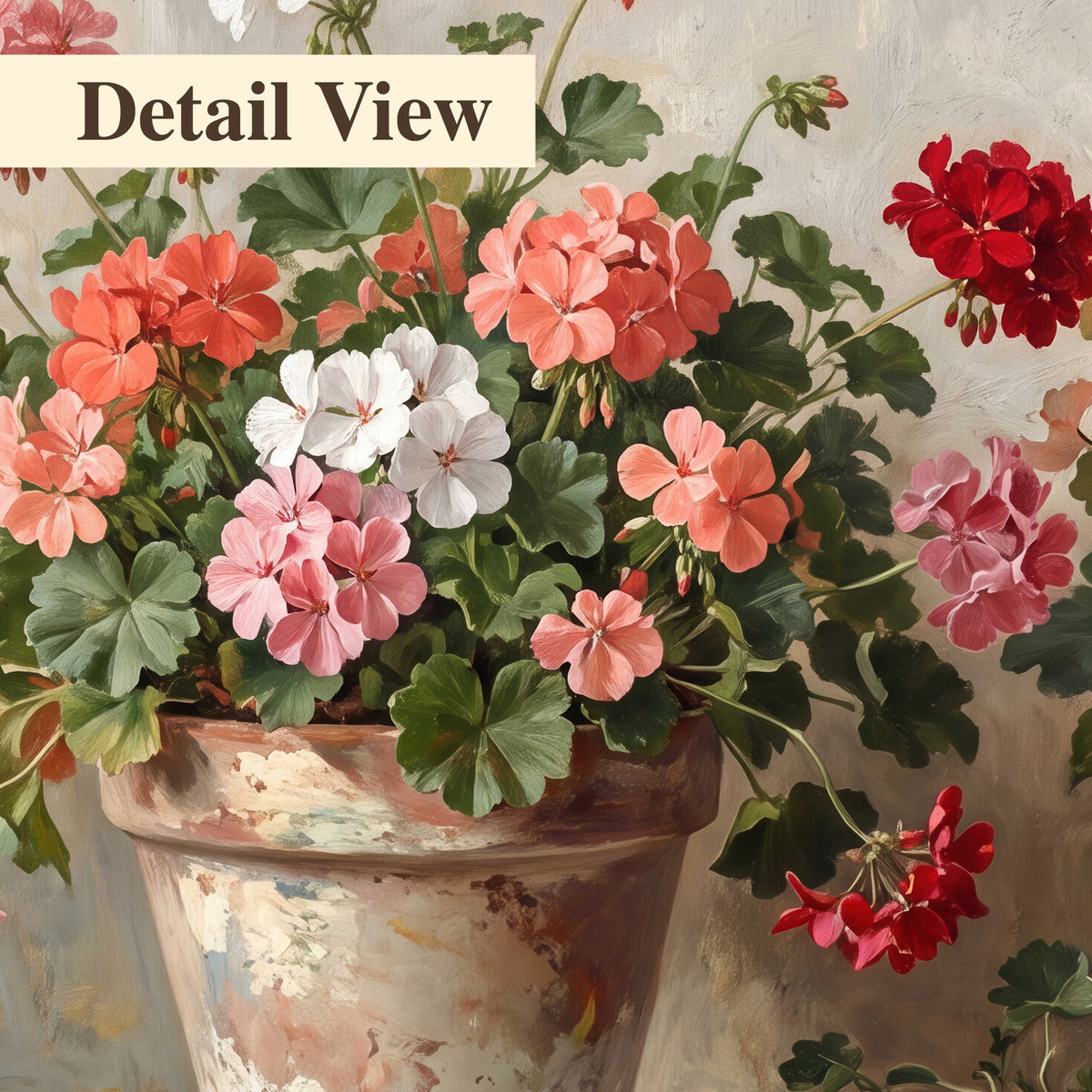 Colorful flowers arranged in rustic pots on a warm neutral background 3 piece canvas wall art artwork detail close up