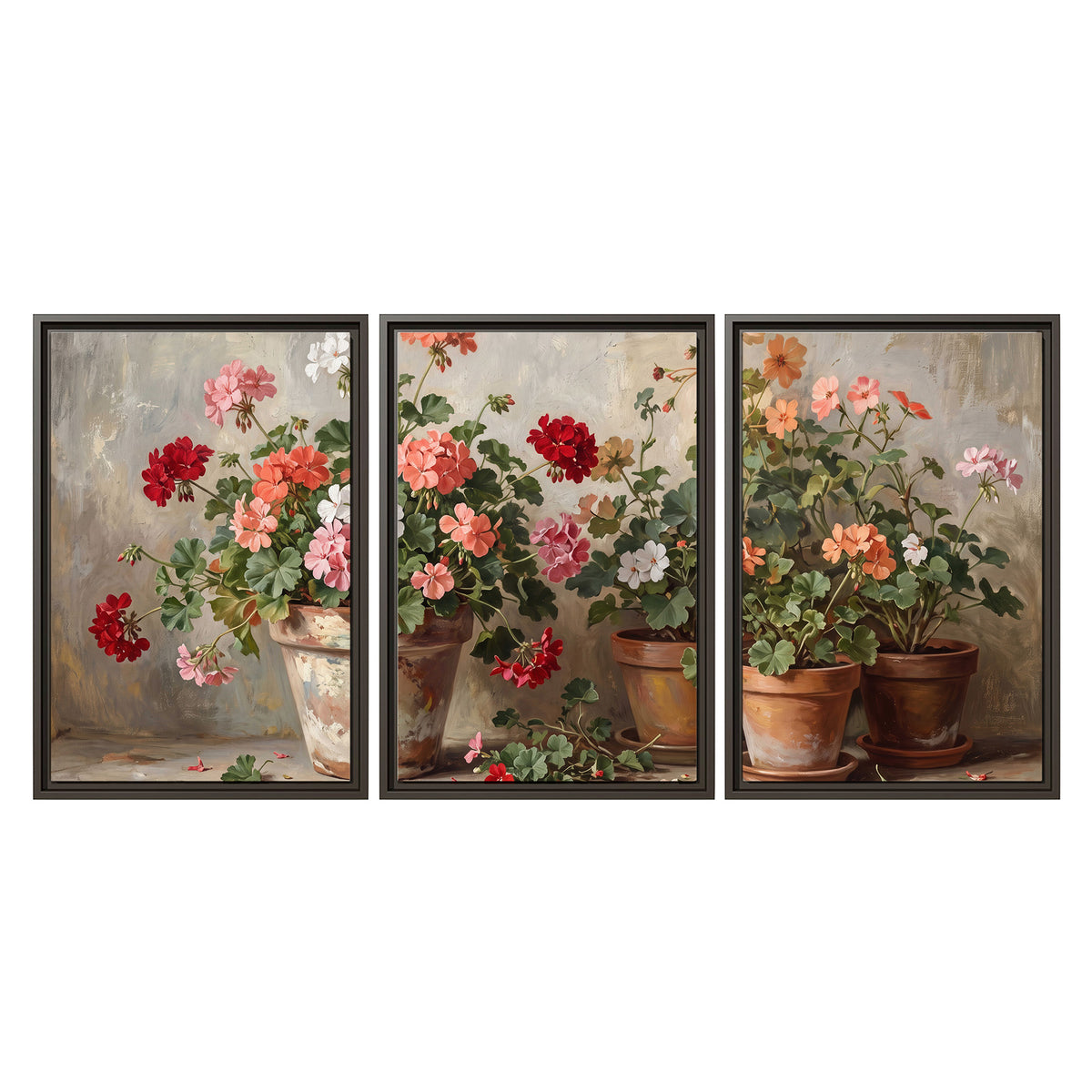 Colorful flowers arranged in rustic pots on a warm neutral background 3 piece framed canvas wall art viewed straight on