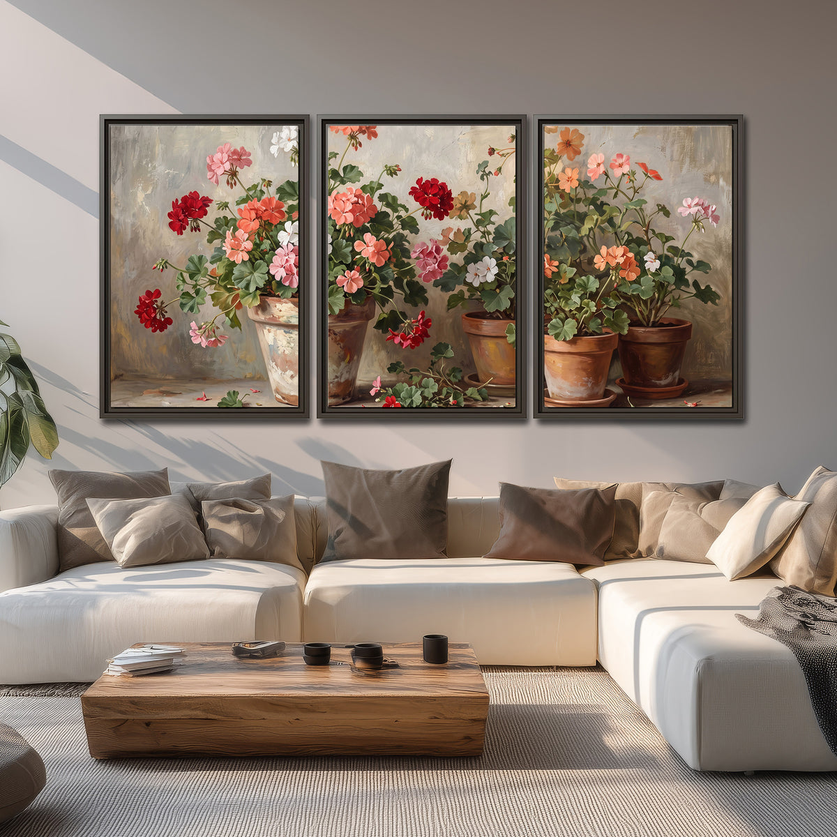 Colorful flowers arranged in rustic pots on a warm neutral background 3 piece framed canvas wall art displayed in a living room