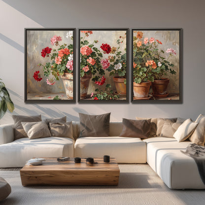 Colorful flowers arranged in rustic pots on a warm neutral background 3 piece framed canvas wall art displayed in a living room