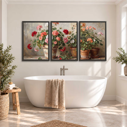 Colorful flowers arranged in rustic pots on a warm neutral background 3 piece framed canvas wall art styled in an interior