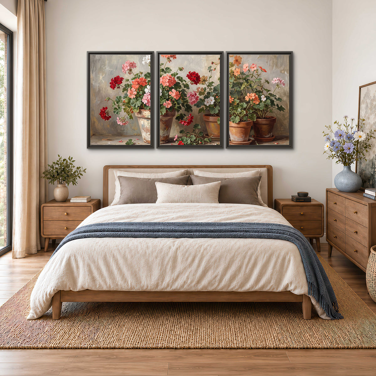 Colorful flowers arranged in rustic pots on a warm neutral background 3 piece framed canvas wall art styled in an interior