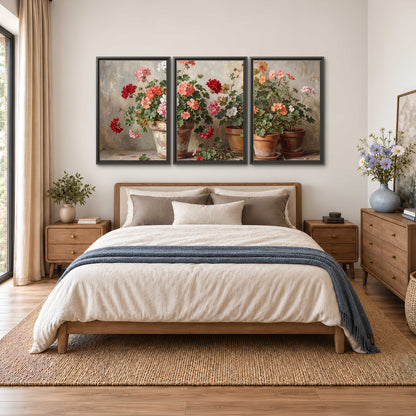 Colorful flowers arranged in rustic pots on a warm neutral background 3 piece framed canvas wall art styled in an interior
