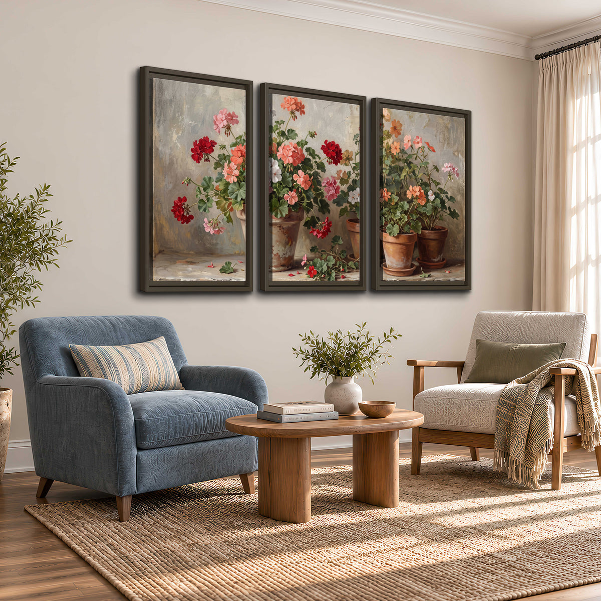 Colorful flowers arranged in rustic pots on a warm neutral background 3 piece framed canvas wall art styled in an interior