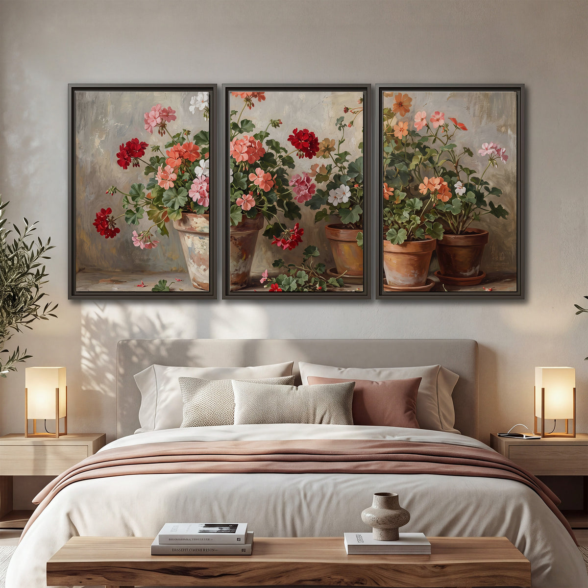 Colorful flowers arranged in rustic pots on a warm neutral background 3 piece framed canvas wall art displayed in a bedroom
