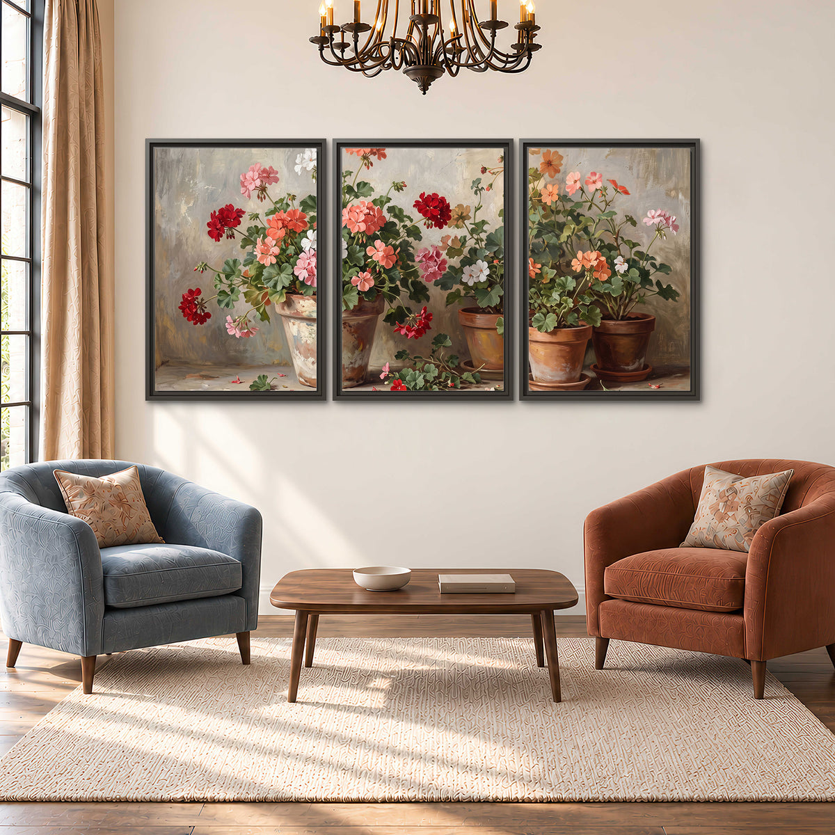 Colorful flowers arranged in rustic pots on a warm neutral background 3 piece framed canvas wall art styled in an interior