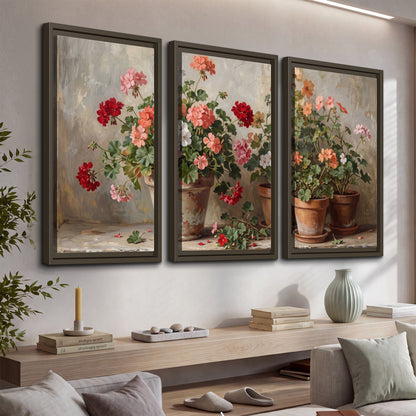 Colorful flowers arranged in rustic pots on a warm neutral background 3 piece framed canvas wall art displayed in a console