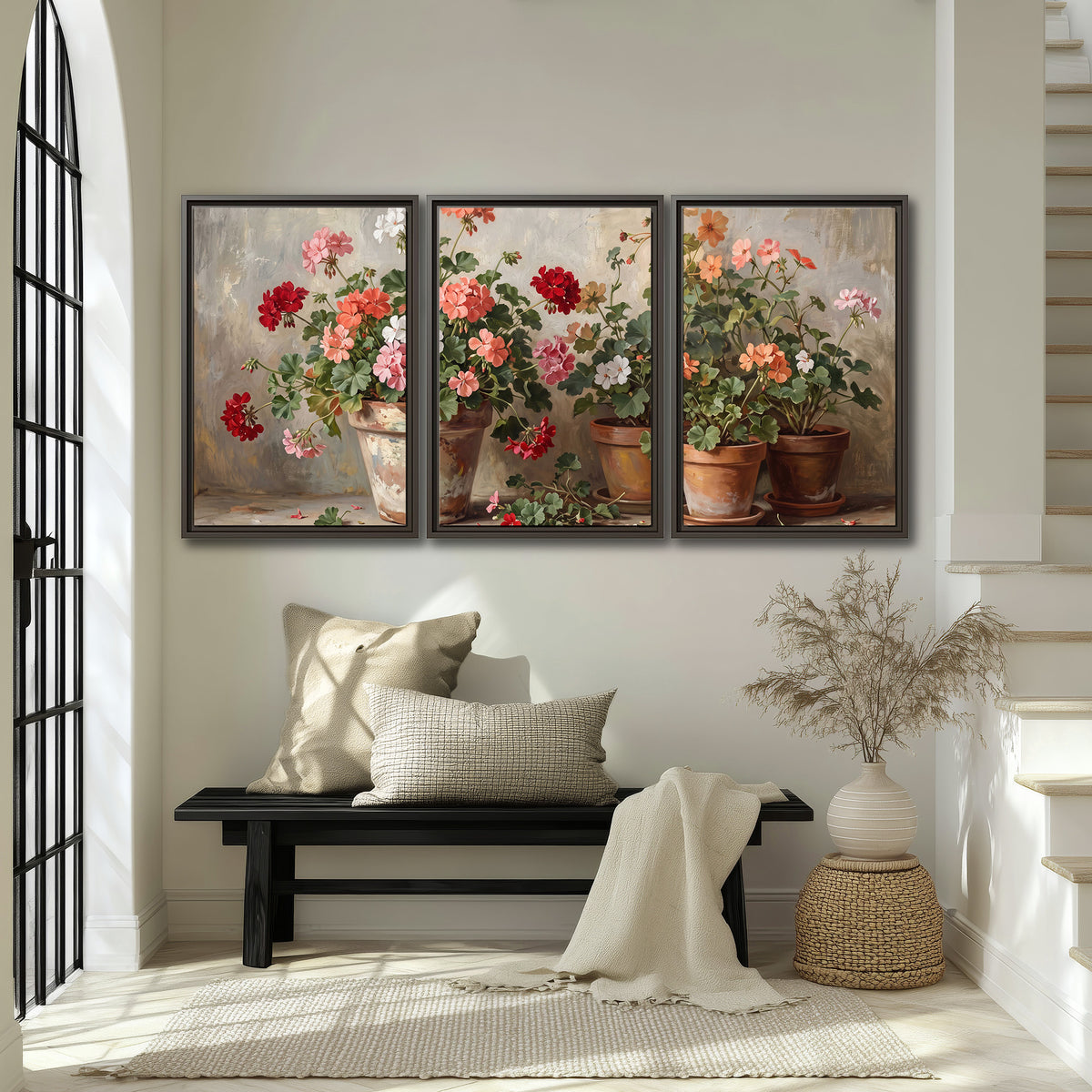Colorful flowers arranged in rustic pots on a warm neutral background 3 piece framed canvas wall art displayed in a entryway