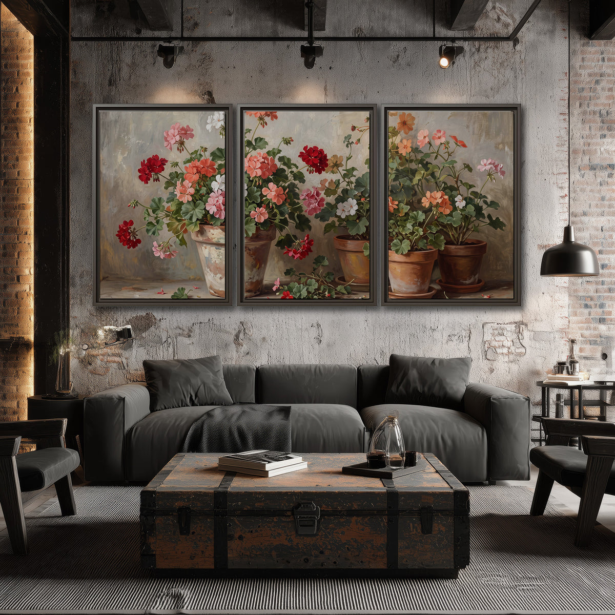 Colorful flowers arranged in rustic pots on a warm neutral background 3 piece framed canvas wall art displayed in a industrial room