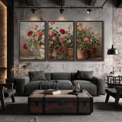 Colorful flowers arranged in rustic pots on a warm neutral background 3 piece framed canvas wall art displayed in a industrial room