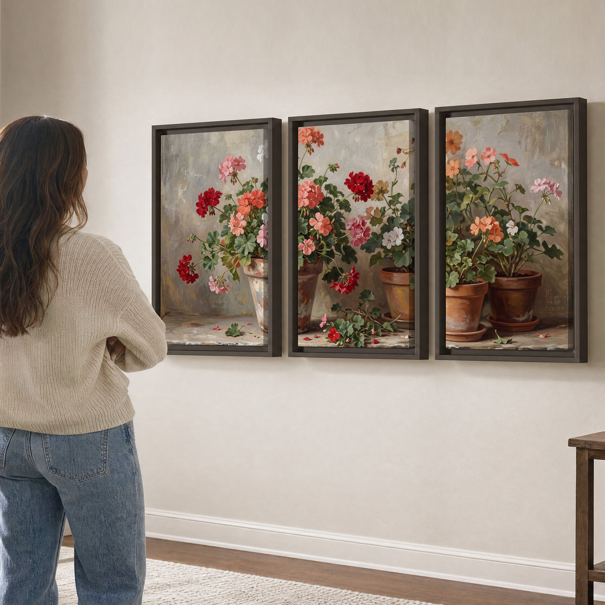 Colorful flowers arranged in rustic pots on a warm neutral background 3 piece framed canvas wall art three panel arrangement on a wall