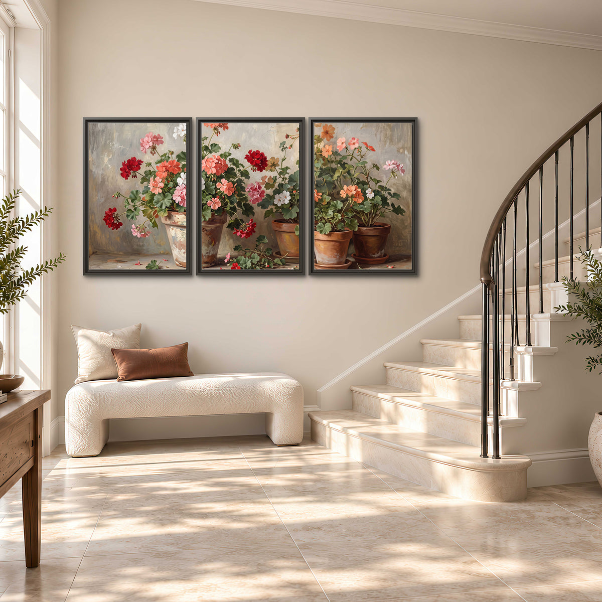 Colorful flowers arranged in rustic pots on a warm neutral background 3 piece framed canvas wall art styled in an interior