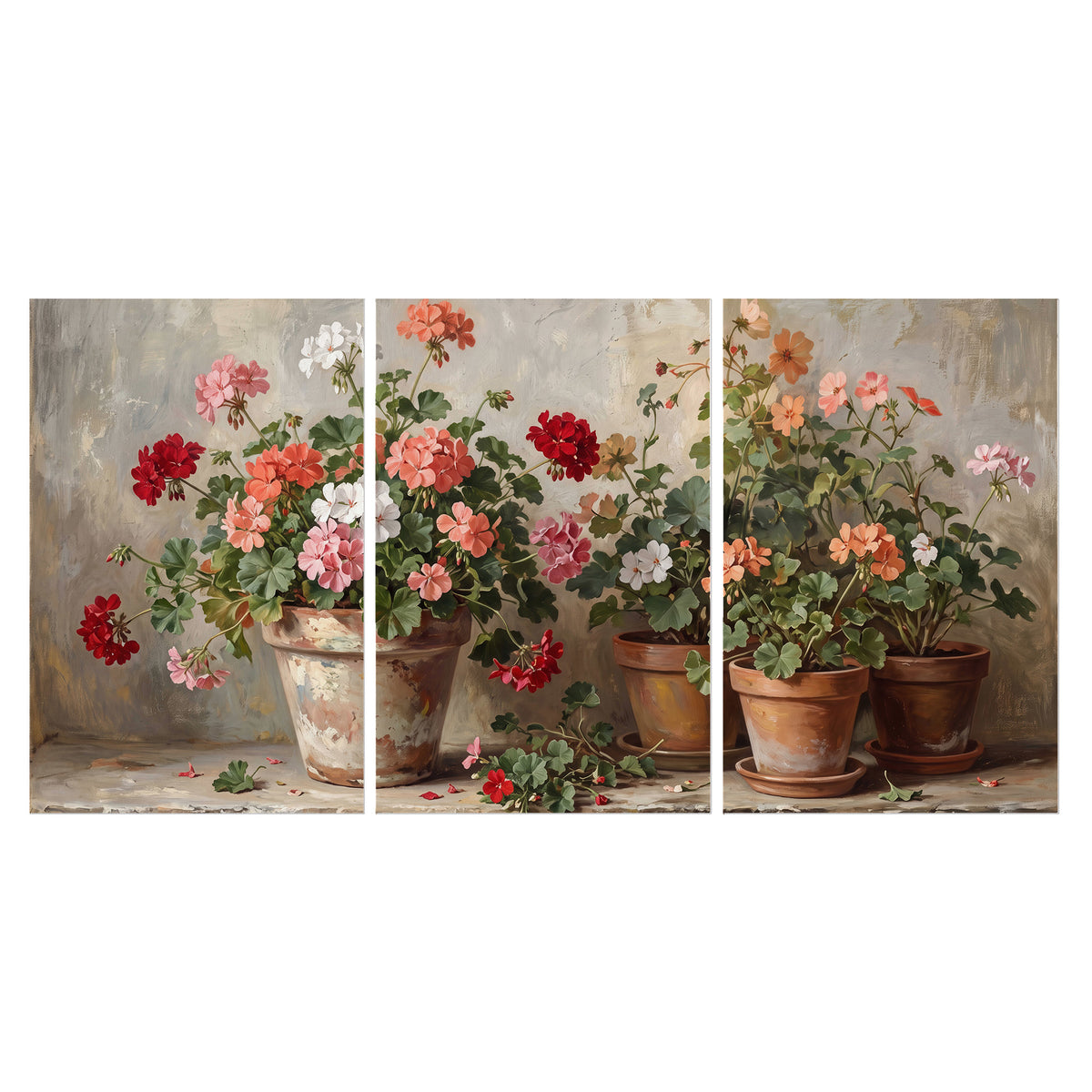 Colorful flowers arranged in rustic pots on a warm neutral background set of 3 poster prints viewed straight on