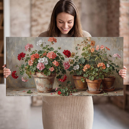 Colorful flowers arranged in rustic pots on a warm neutral background single canvas wall art held in hands
