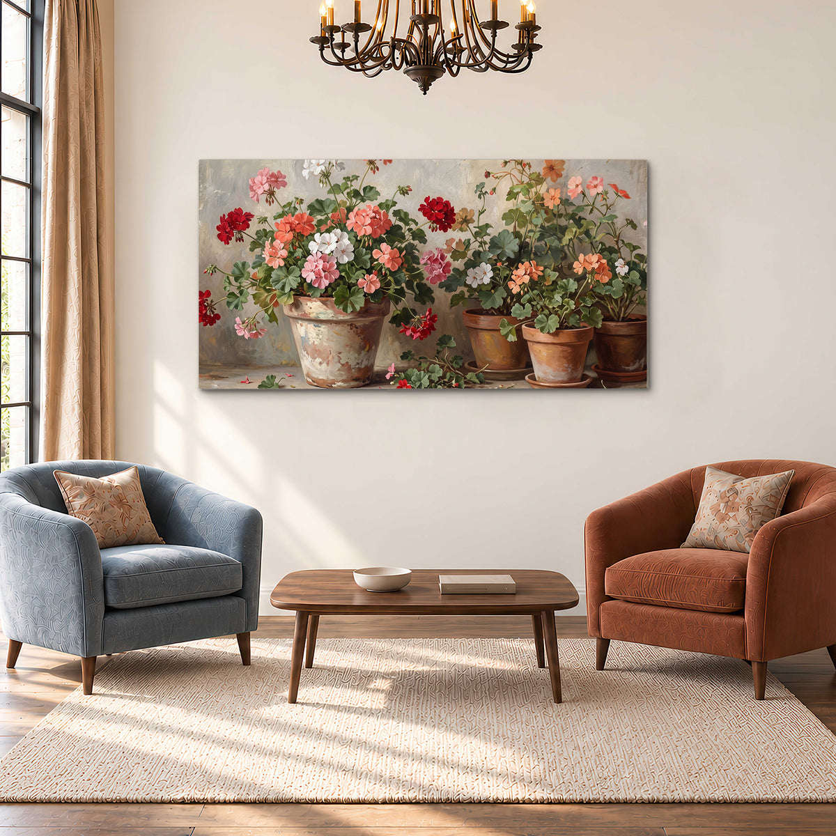 Colorful flowers arranged in rustic pots on a warm neutral background single canvas wall art styled in an interior