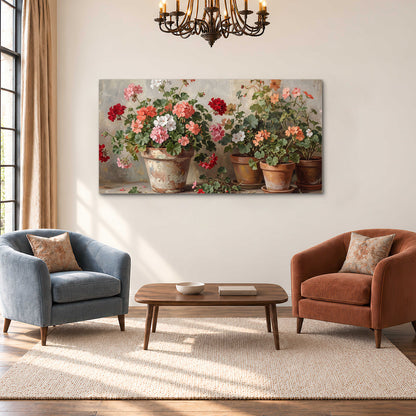 Colorful flowers arranged in rustic pots on a warm neutral background single canvas wall art styled in an interior