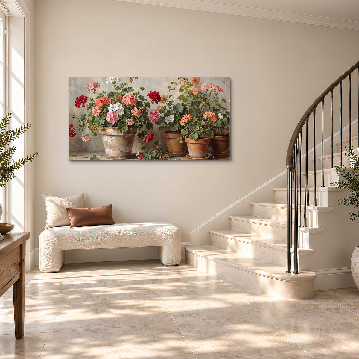 Colorful flowers arranged in rustic pots on a warm neutral background single canvas wall art styled in an interior