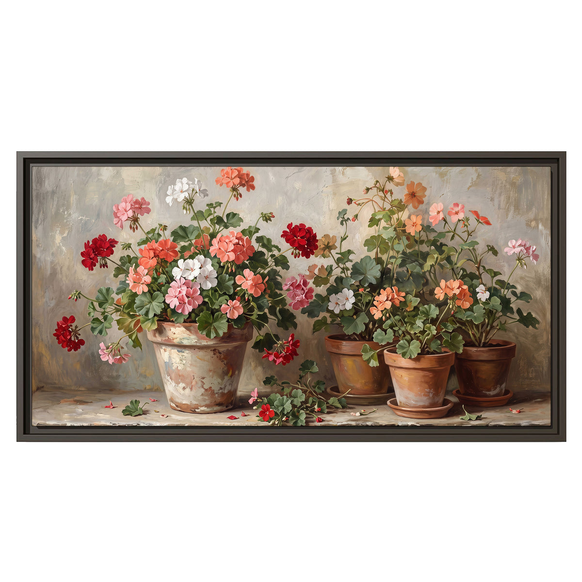 Colorful flowers arranged in rustic pots on a warm neutral background single framed canvas wall art viewed straight on
